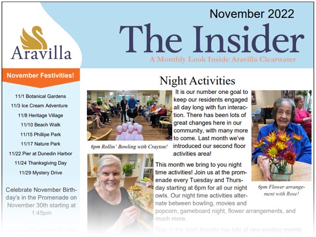 memory care Aravilla Clearwater newsletter November 2022