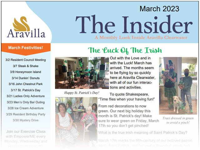 Aravilla Clearwater Memory Care March 2023 newsletter