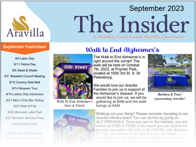 memory care newsletter September 2023 Aravilla Clearwater