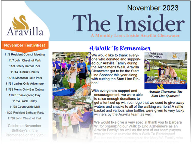 Memory Care Aravilla Clearwater November 2023 newsletter image